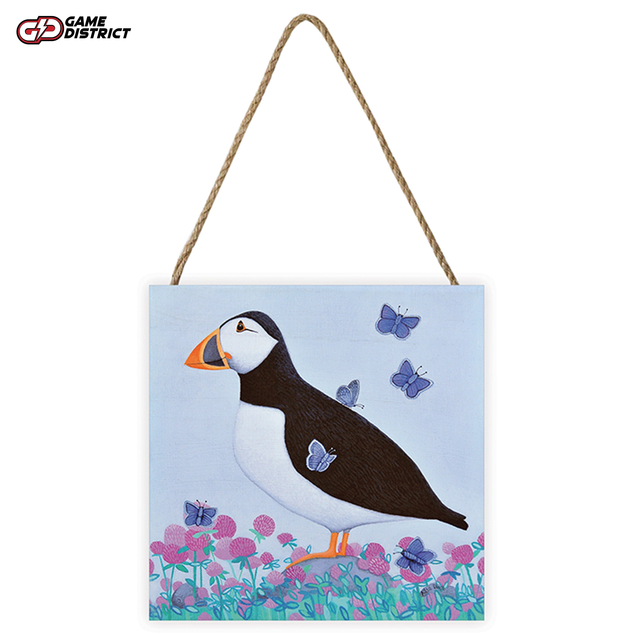 "Ailsa Black (Puffs of Blue) wooden block with vibrant printed design and white edges, size 20x20cm."
"Lightweight Ailsa Black wooden block featuring natural woodgrain details and attached hanging string."