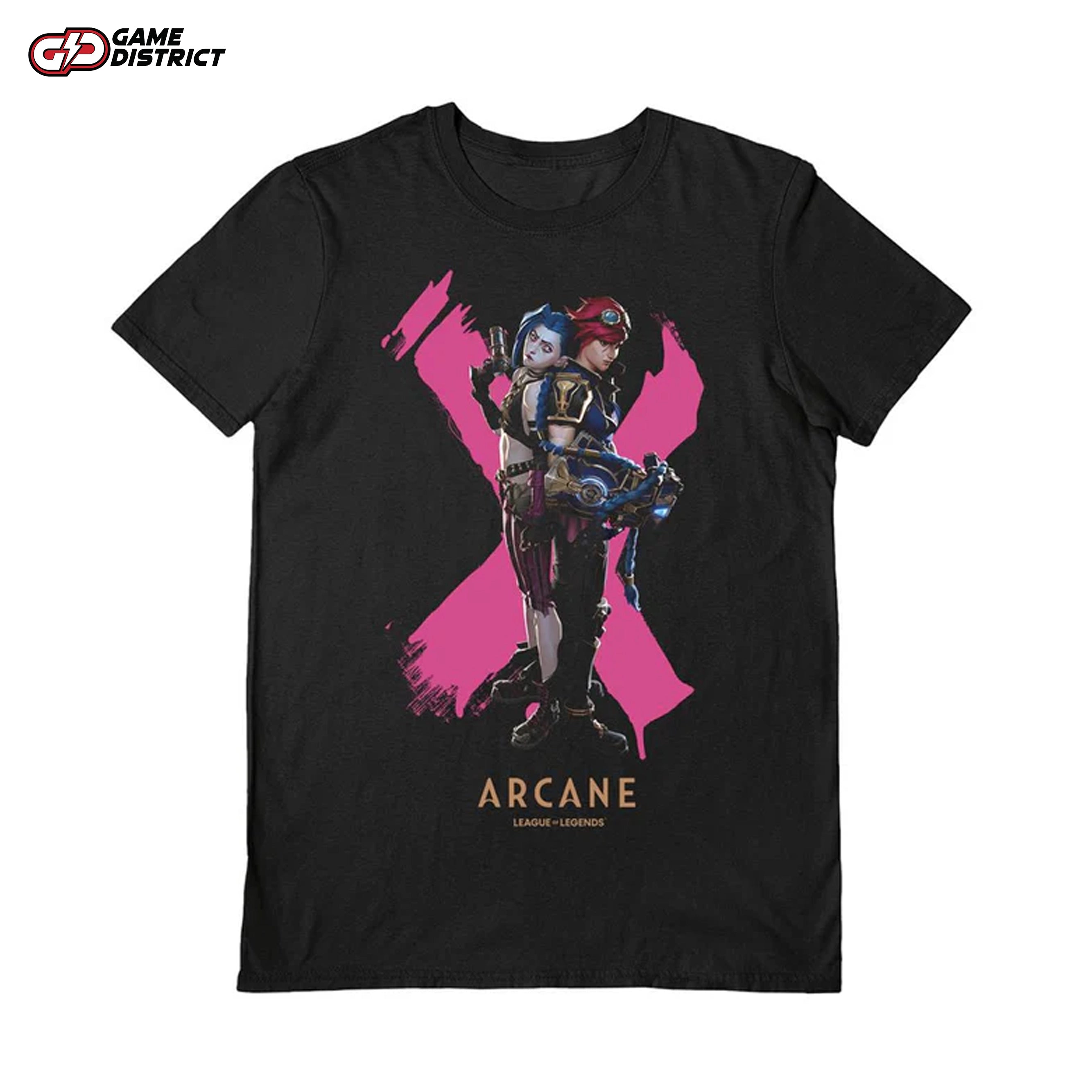 "Arcane (Duo) black unisex t-shirt showcasing iconic characters from the series."
"Close-up of the Arcane duo design on a premium black t-shirt."
"100% cotton unisex black t-shirt with vibrant Arcane character graphics and licensed branding."
"Official Arcane t-shirt featuring swing tags and neck tags for retail-ready packaging."