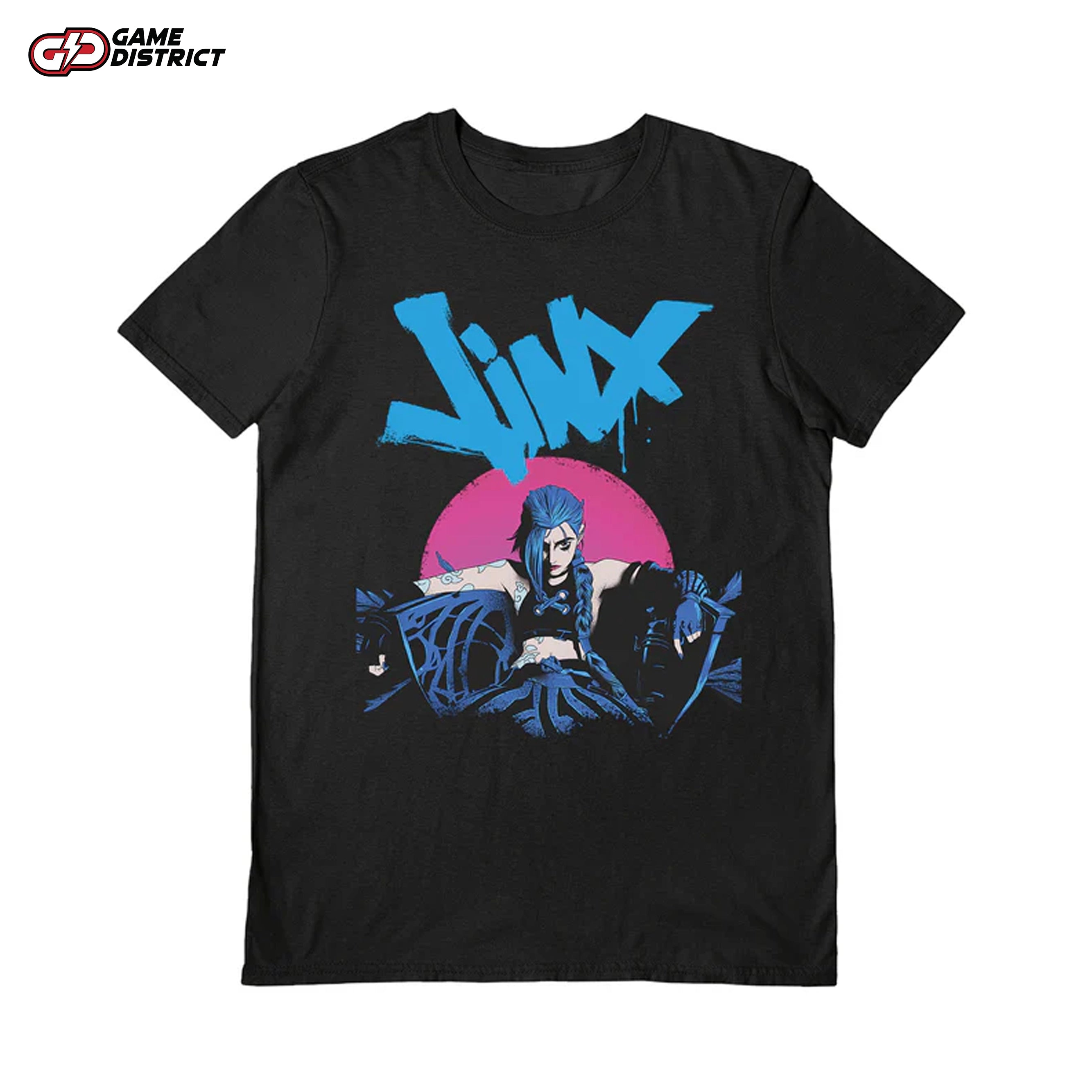 "Arcane (Jinx Chair) black unisex t-shirt featuring Jinx sitting in her chair."
"Close-up of the Jinx chair design on the Arcane-themed black t-shirt."
"Premium 100% cotton black t-shirt with vibrant Arcane graphics and officially licensed branding."
"Unisex Arcane t-shirt with swing tag and neck tag for authenticity, perfect for fans of the series."