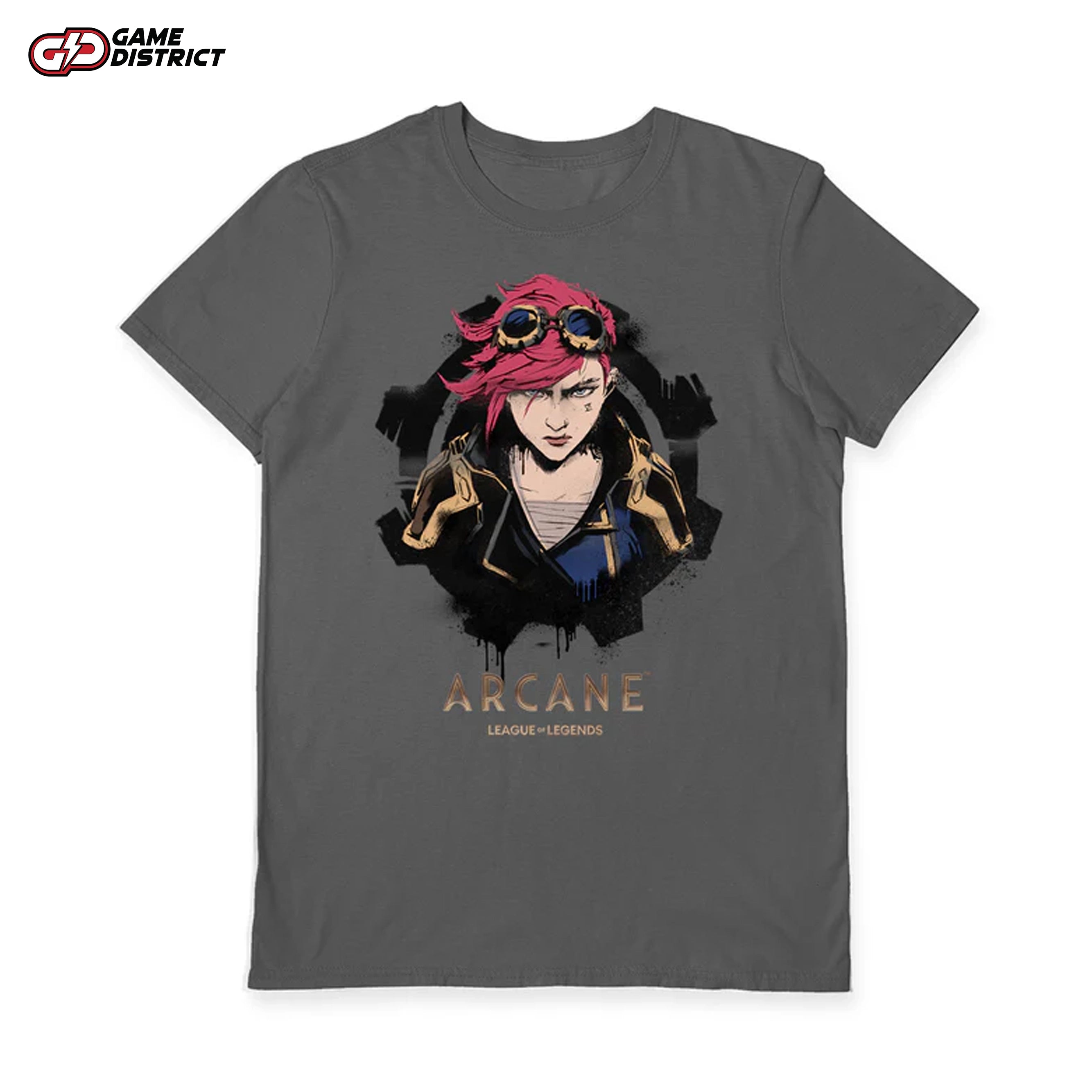 "Arcane (Vi) charcoal unisex t-shirt featuring a vibrant design of Vi from the series."
"Close-up of Vi's graphic print on a premium charcoal t-shirt with licensed branding."
"100% cotton unisex t-shirt in charcoal with sharp, vivid Arcane design."
"Official Arcane (Vi) t-shirt with neck tag and swing tag for retail-ready packaging."