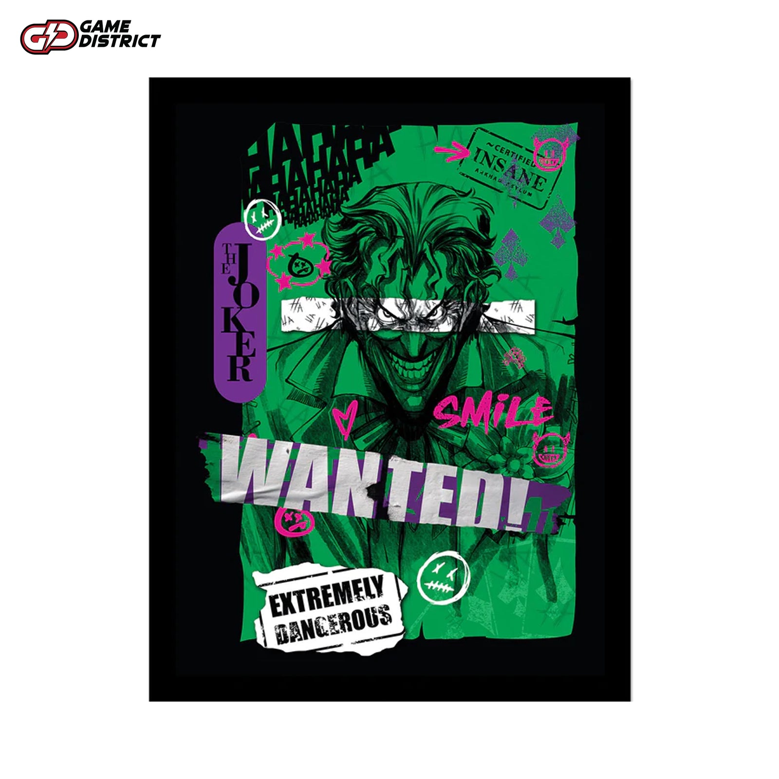 Batman (Joker Wanted) Framed Collector Print – High-quality artwork featuring Batman and the Joker in a premium frame, perfect for fans and collectors.