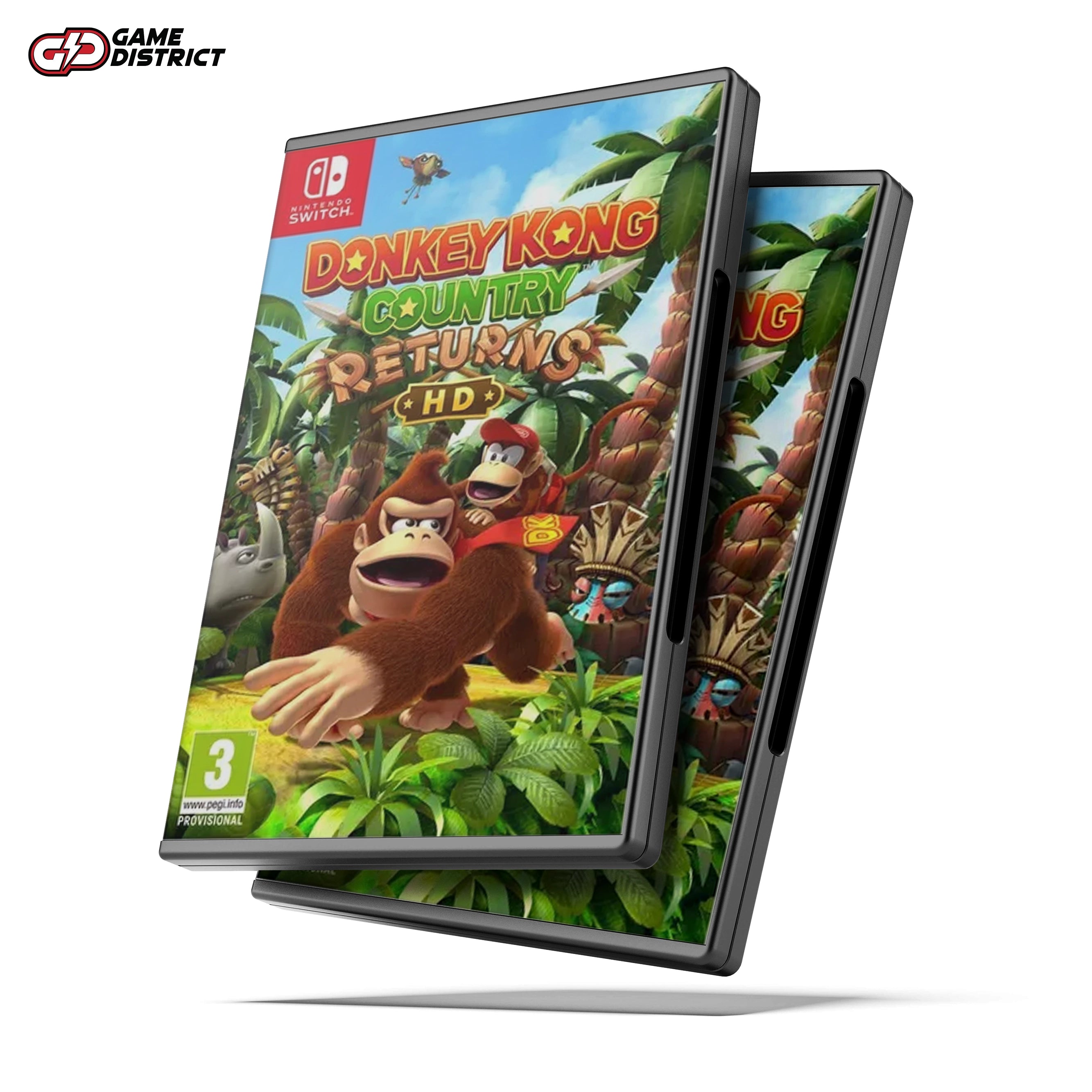 "Donkey Kong and Diddy Kong blasting through barrels in Donkey Kong Country Returns HD."
"Gameplay screenshot of Donkey Kong Country Returns HD on the Nintendo Switch in vibrant HD."
"Cover art for Donkey Kong Country Returns HD Nintendo Switch game."
"Two-player co-op mode in Donkey Kong Country Returns HD, featuring Donkey Kong and Diddy Kong."