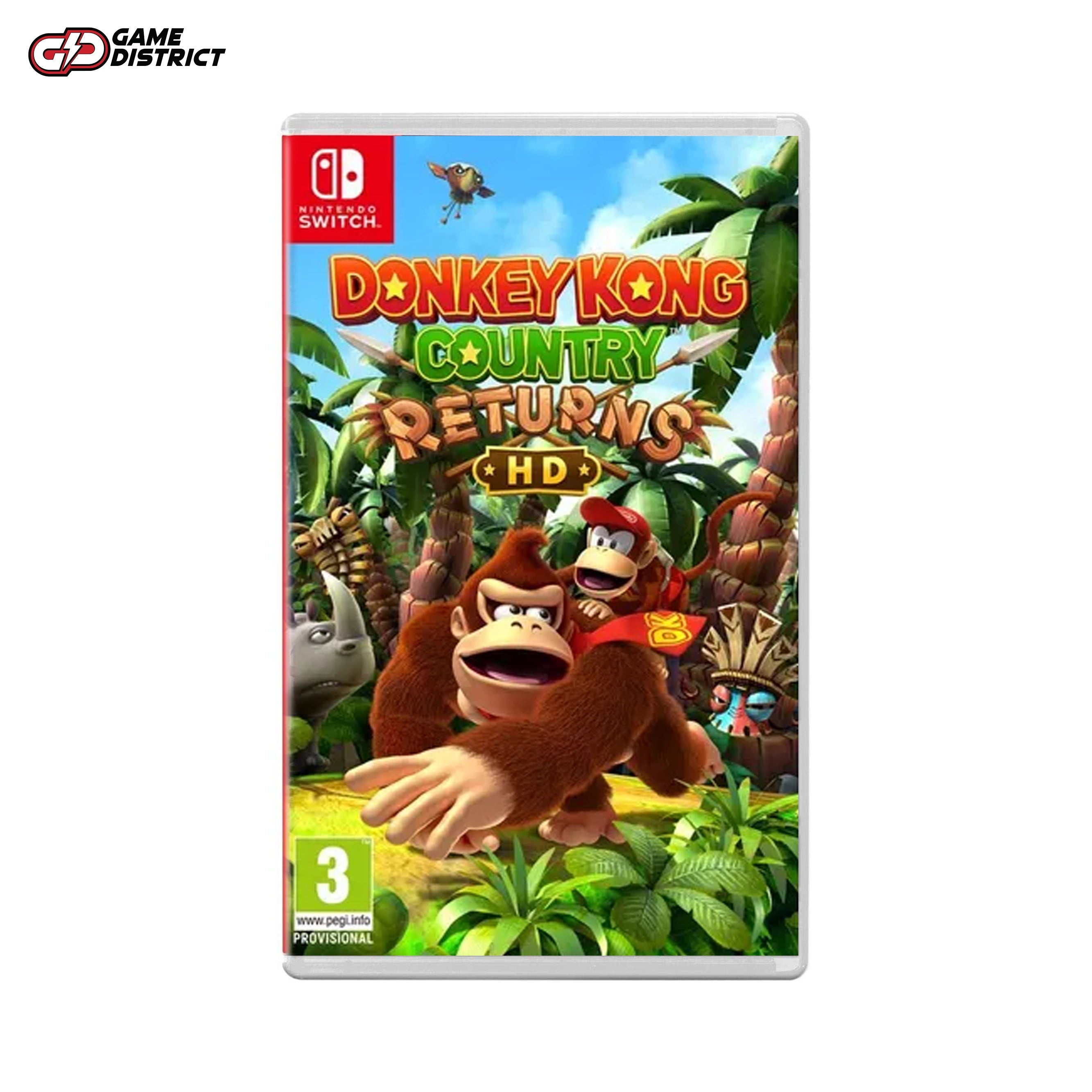 "Donkey Kong and Diddy Kong blasting through barrels in Donkey Kong Country Returns HD."
"Gameplay screenshot of Donkey Kong Country Returns HD on the Nintendo Switch in vibrant HD."
"Cover art for Donkey Kong Country Returns HD Nintendo Switch game."
"Two-player co-op mode in Donkey Kong Country Returns HD, featuring Donkey Kong and Diddy Kong."