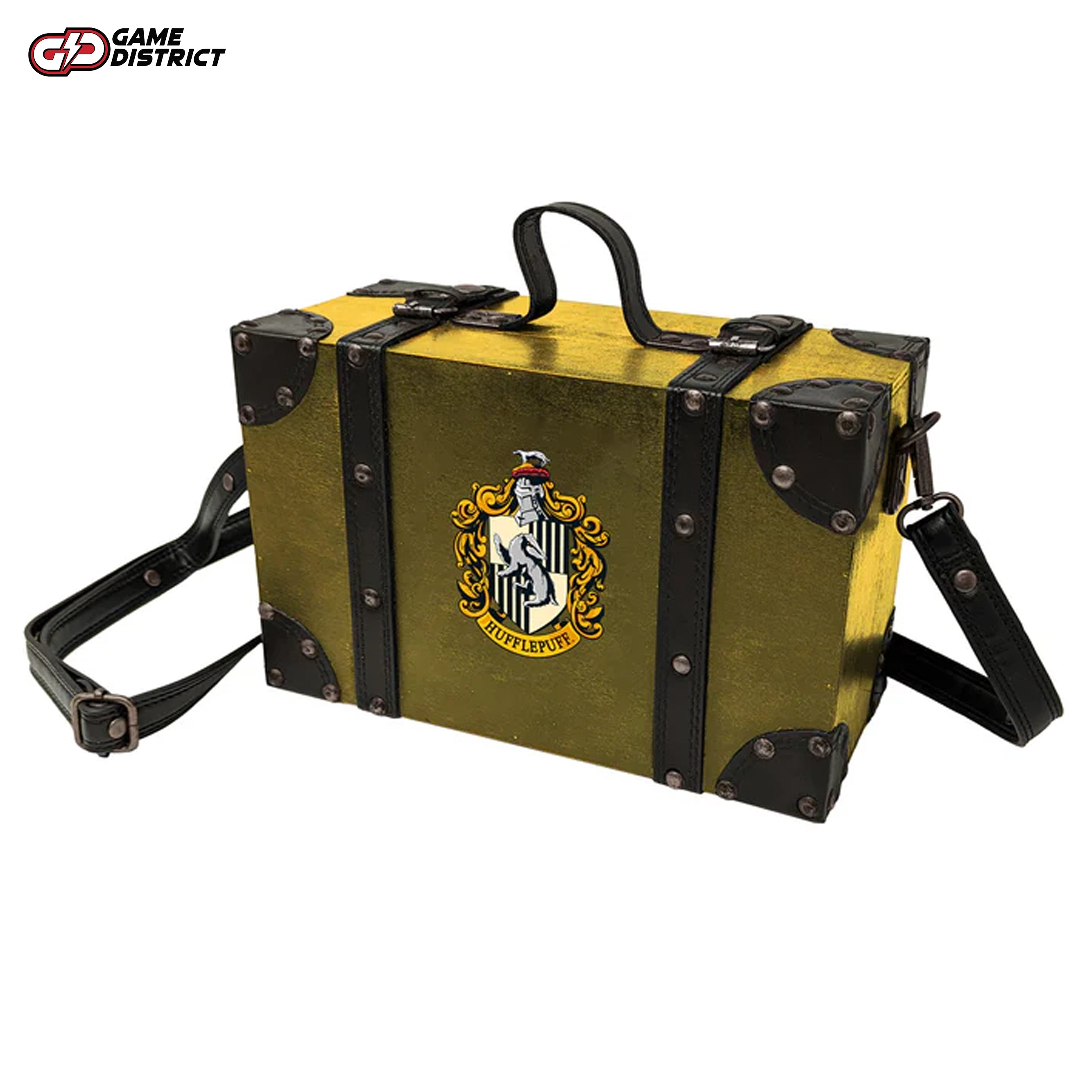 Image of the Harry Potter Hufflepuff House Deluxe Gift Collection, featuring a trunk, notebook, water bottle, keyring, and postcards.