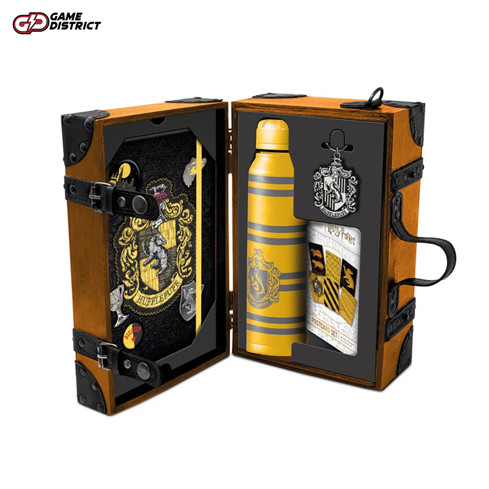 Image of the Harry Potter Hufflepuff House Deluxe Gift Collection, featuring a trunk, notebook, water bottle, keyring, and postcards.