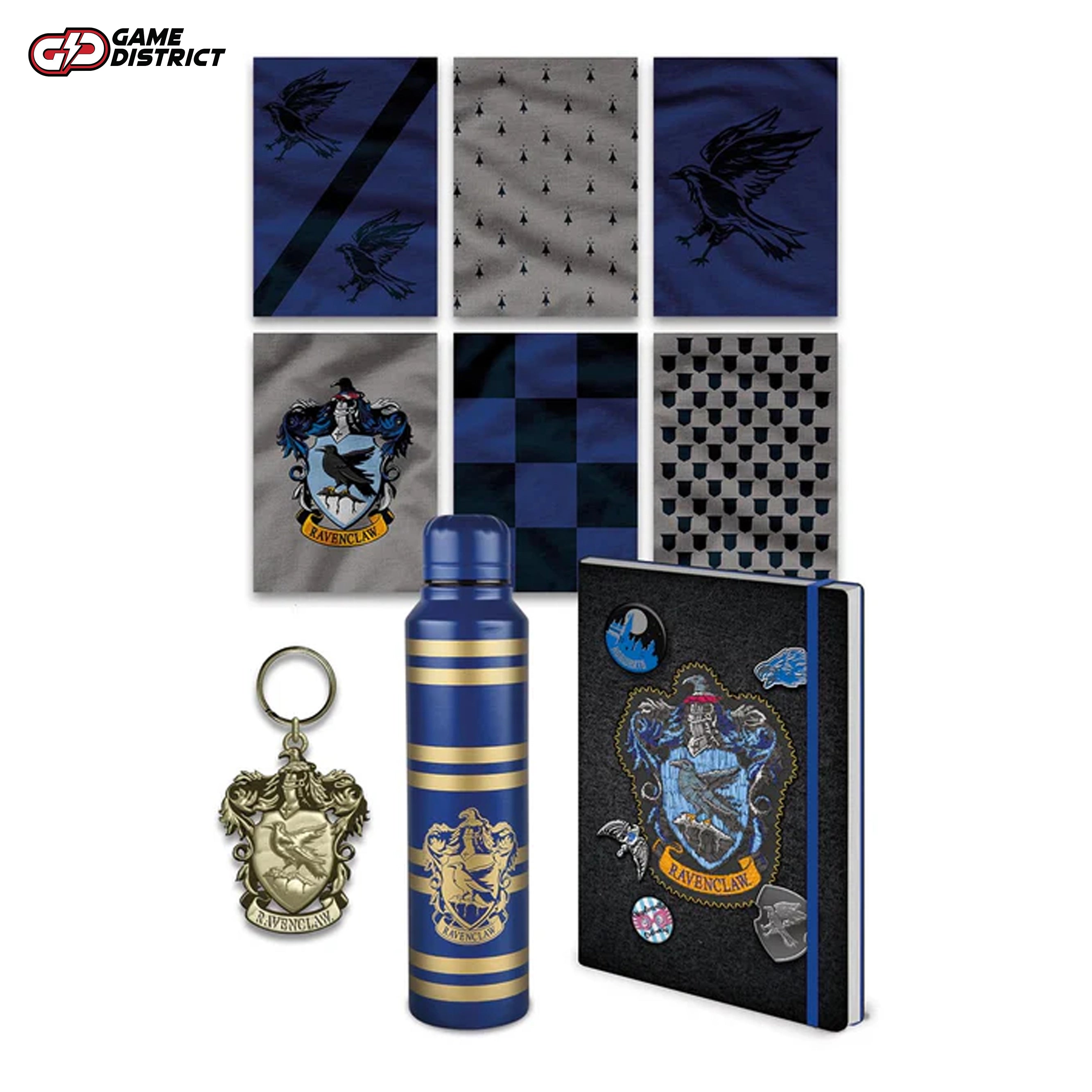 Harry Potter Ravenclaw House Deluxe Gift Collection featuring a themed trunk with a shoulder strap Premium A5 notebook with the Ravenclaw crest from the gift set for Harry Potter fans. Durable metal water bottle showcasing the Ravenclaw emblem, part of the deluxe collection Ravenclaw-themed keyring and postcards included in the Harry Potter gift set. Complete Ravenclaw Deluxe Gift Collection displayed with its themed trunk and accessories