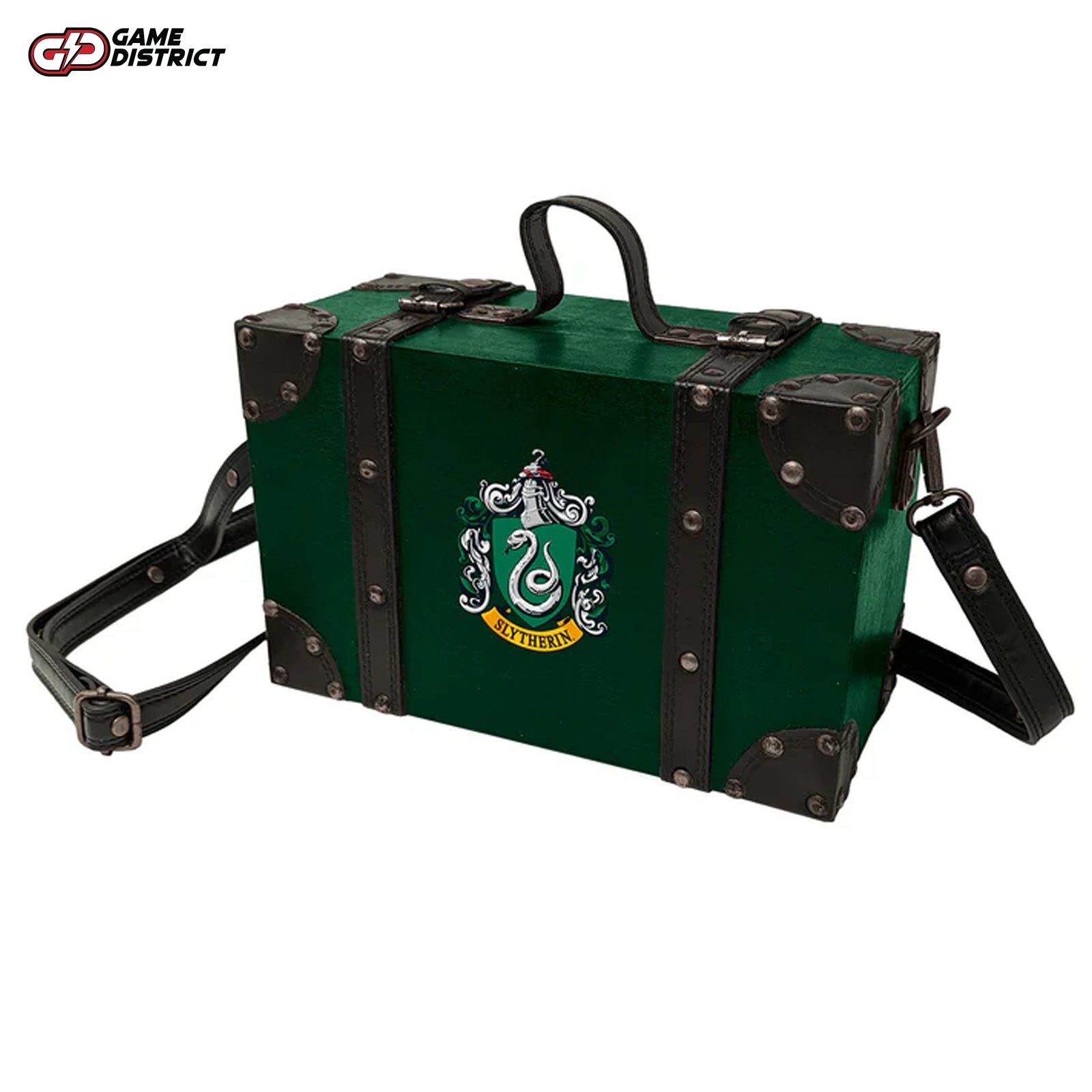 Slytherin Trunk with Body Strap: Close-up of the Harry Potter-themed green trunk featuring the Slytherin crest and strap.