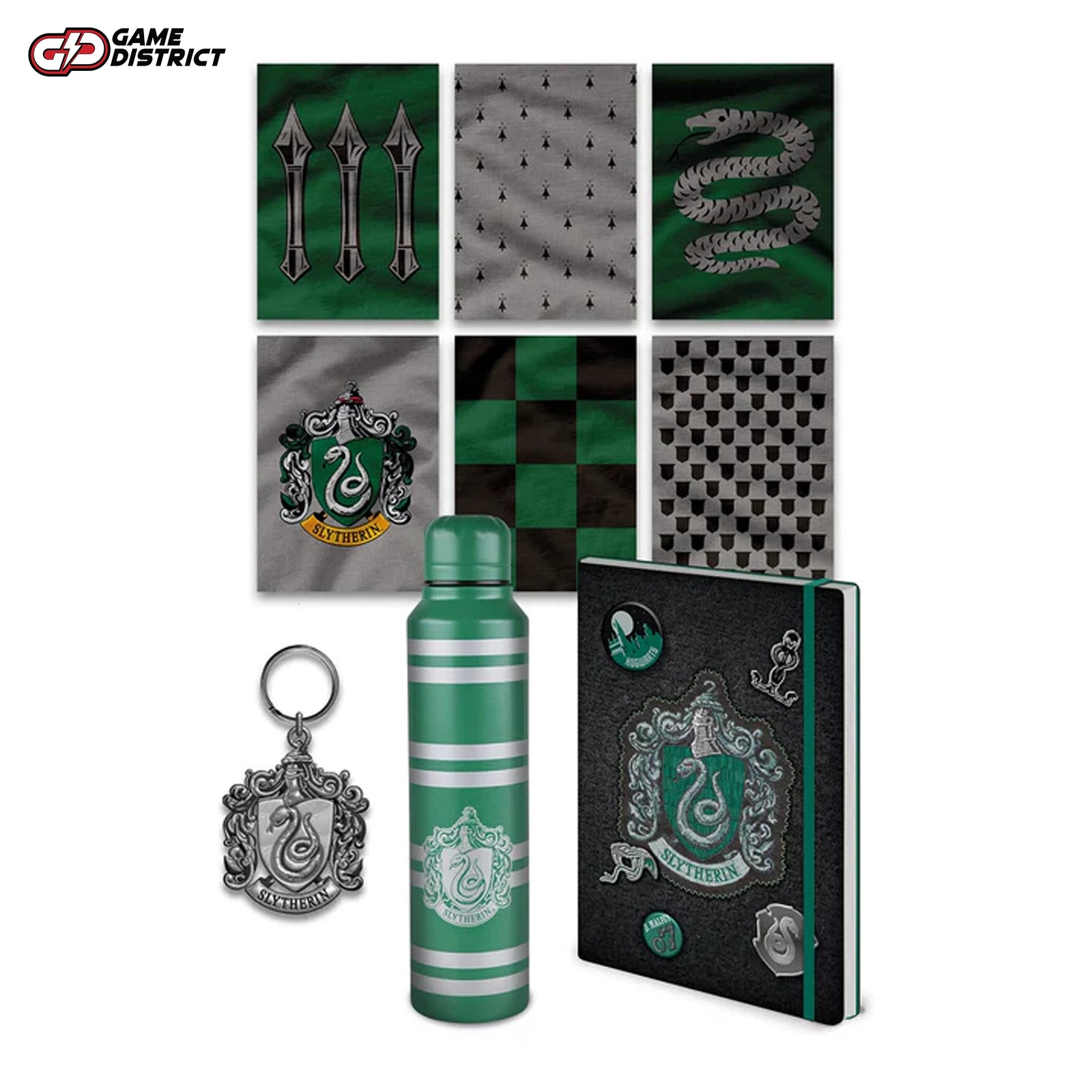 Slytherin Trunk with Body Strap: Close-up of the Harry Potter-themed green trunk featuring the Slytherin crest and strap.