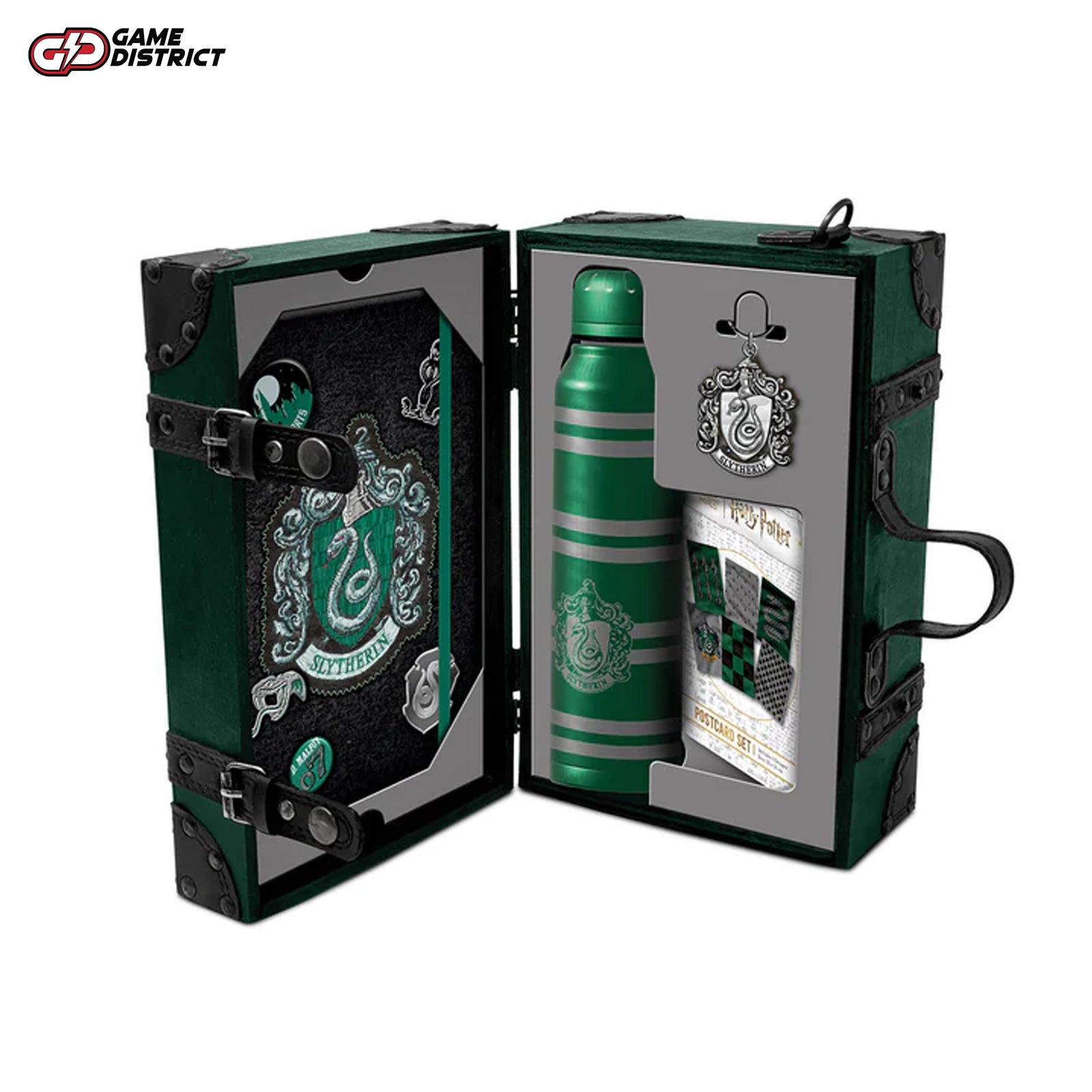 Slytherin Trunk with Body Strap: Close-up of the Harry Potter-themed green trunk featuring the Slytherin crest and strap.