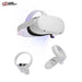 "Meta/Oculus Quest 2 VR Headset with controllers, 128GB model displayed on a clean white background."
"Close-up of Oculus Quest 2 headset and controllers showing ergonomic design and modern features."
"Meta Quest 2 VR system with Guardian boundary and passthrough safety features in use."
"Virtual reality experience using the Meta Quest 2 headset and controllers in an immersive gaming environment."