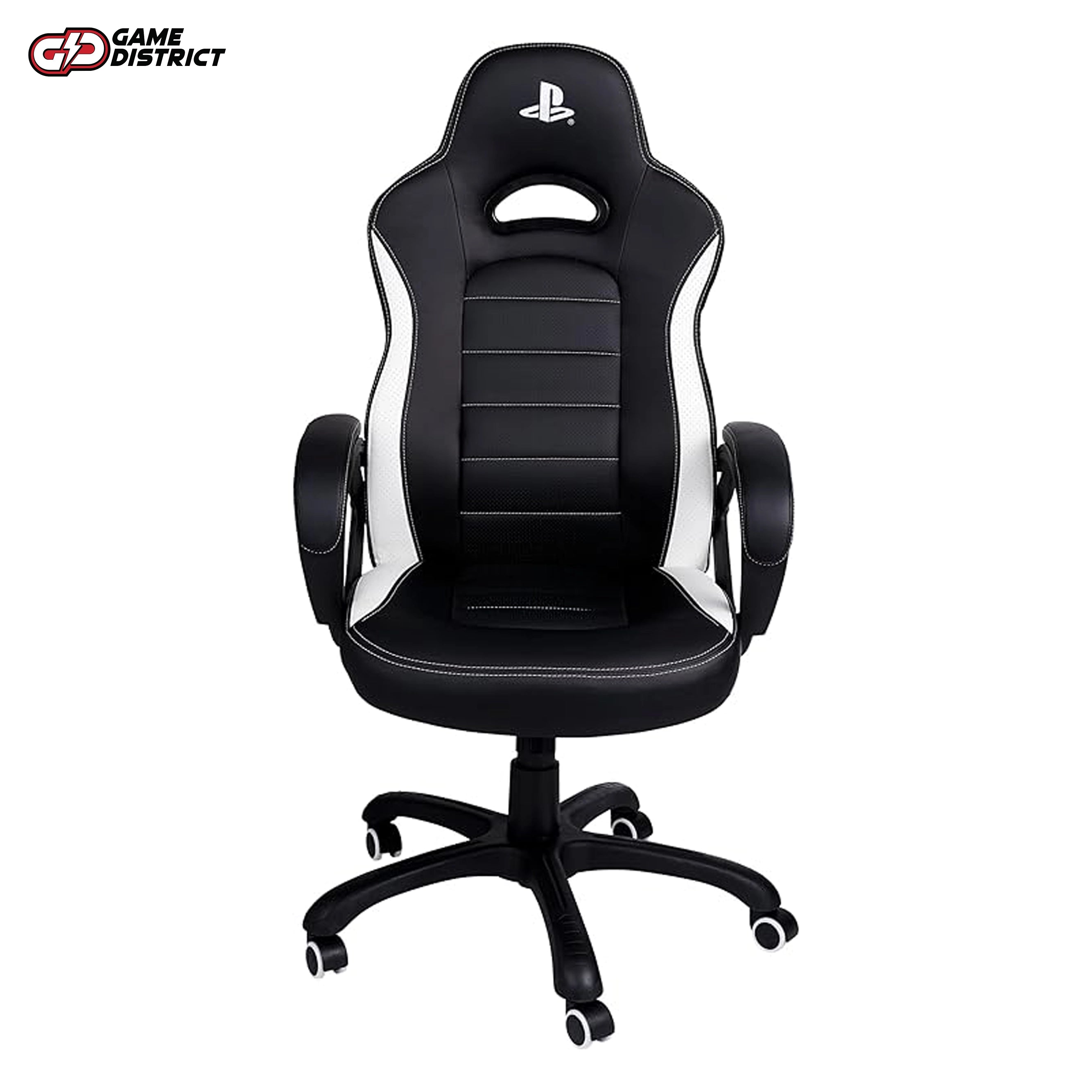"NACON Gaming Chair Official PlayStation Edition in black and white, showcasing ergonomic design."
"Side view of the NACON PlayStation gaming chair with adjustable height and comfortable armrests."
"Top-down view of the black and white NACON chair, highlighting its sturdy build and sleek finish."
"Close-up of the chair’s PlayStation branding and smooth-rolling wheels."