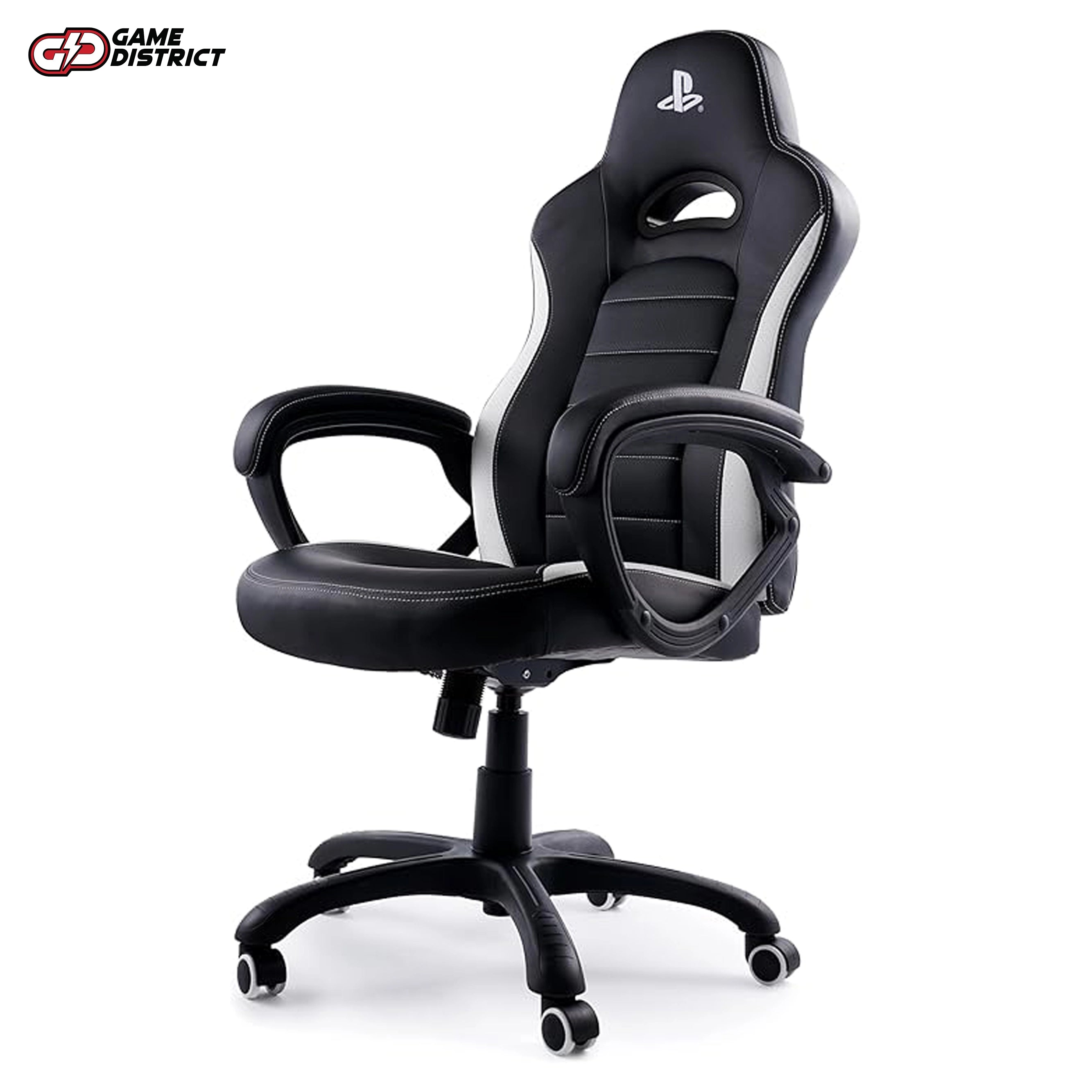 "NACON Gaming Chair Official PlayStation Edition in black and white, showcasing ergonomic design."
"Side view of the NACON PlayStation gaming chair with adjustable height and comfortable armrests."
"Top-down view of the black and white NACON chair, highlighting its sturdy build and sleek finish."
"Close-up of the chair’s PlayStation branding and smooth-rolling wheels."