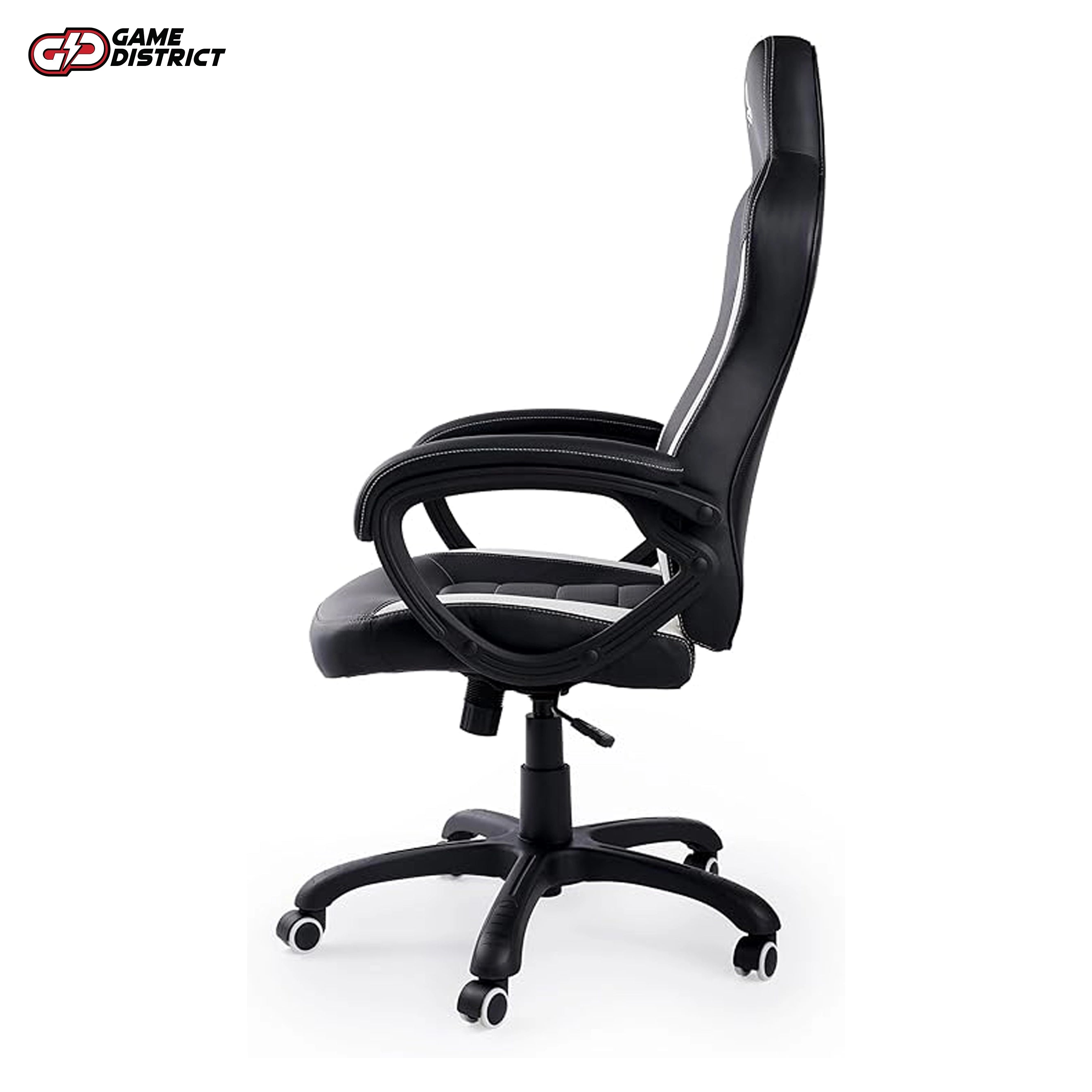 "NACON Gaming Chair Official PlayStation Edition in black and white, showcasing ergonomic design."
"Side view of the NACON PlayStation gaming chair with adjustable height and comfortable armrests."
"Top-down view of the black and white NACON chair, highlighting its sturdy build and sleek finish."
"Close-up of the chair’s PlayStation branding and smooth-rolling wheels."