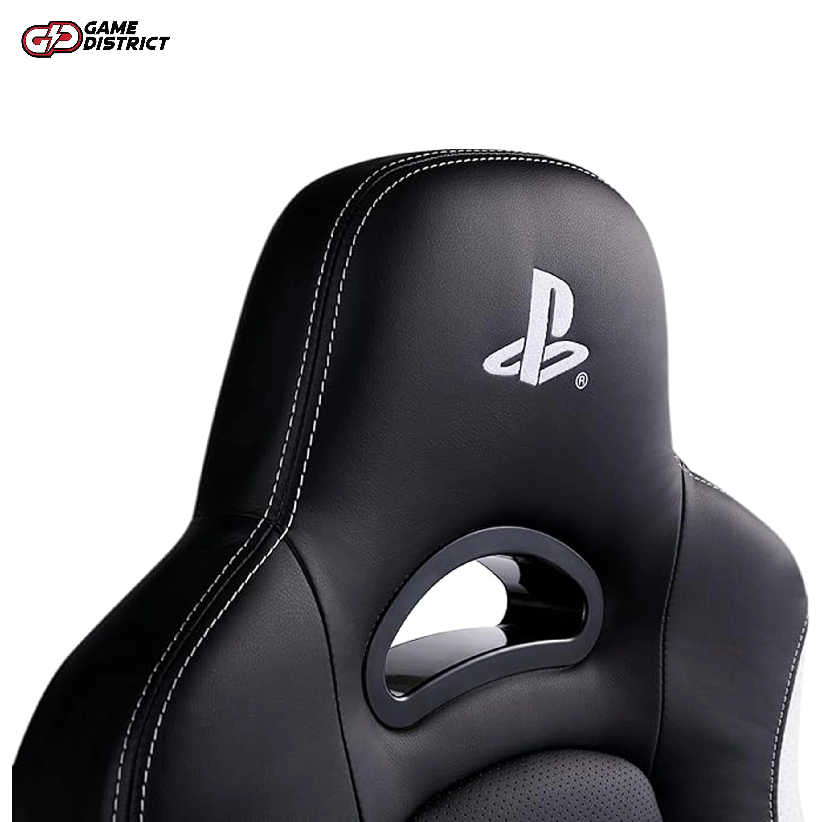 "NACON Gaming Chair Official PlayStation Edition in black and white, showcasing ergonomic design."
"Side view of the NACON PlayStation gaming chair with adjustable height and comfortable armrests."
"Top-down view of the black and white NACON chair, highlighting its sturdy build and sleek finish."
"Close-up of the chair’s PlayStation branding and smooth-rolling wheels."