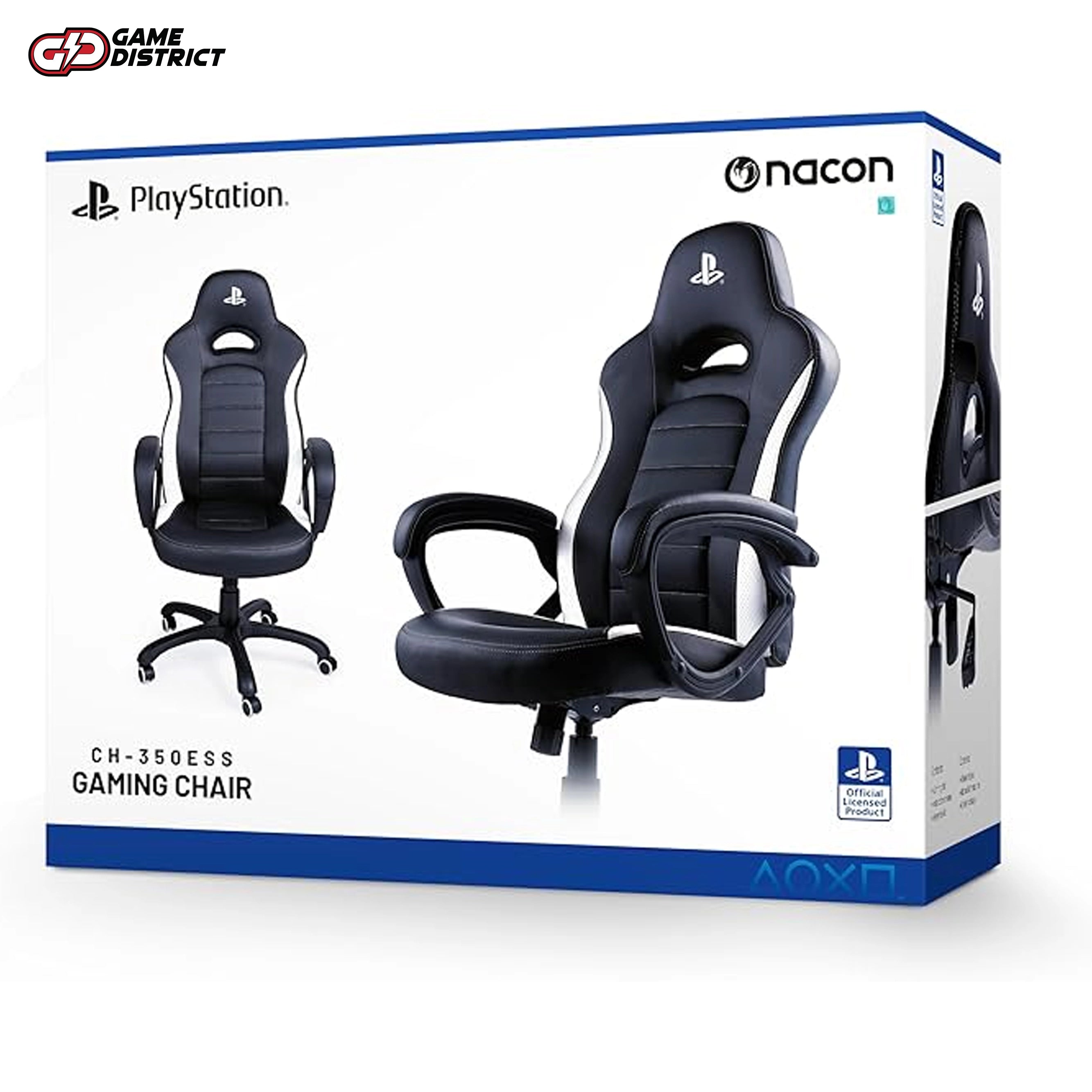 "NACON Gaming Chair Official PlayStation Edition in black and white, showcasing ergonomic design."
"Side view of the NACON PlayStation gaming chair with adjustable height and comfortable armrests."
"Top-down view of the black and white NACON chair, highlighting its sturdy build and sleek finish."
"Close-up of the chair’s PlayStation branding and smooth-rolling wheels."