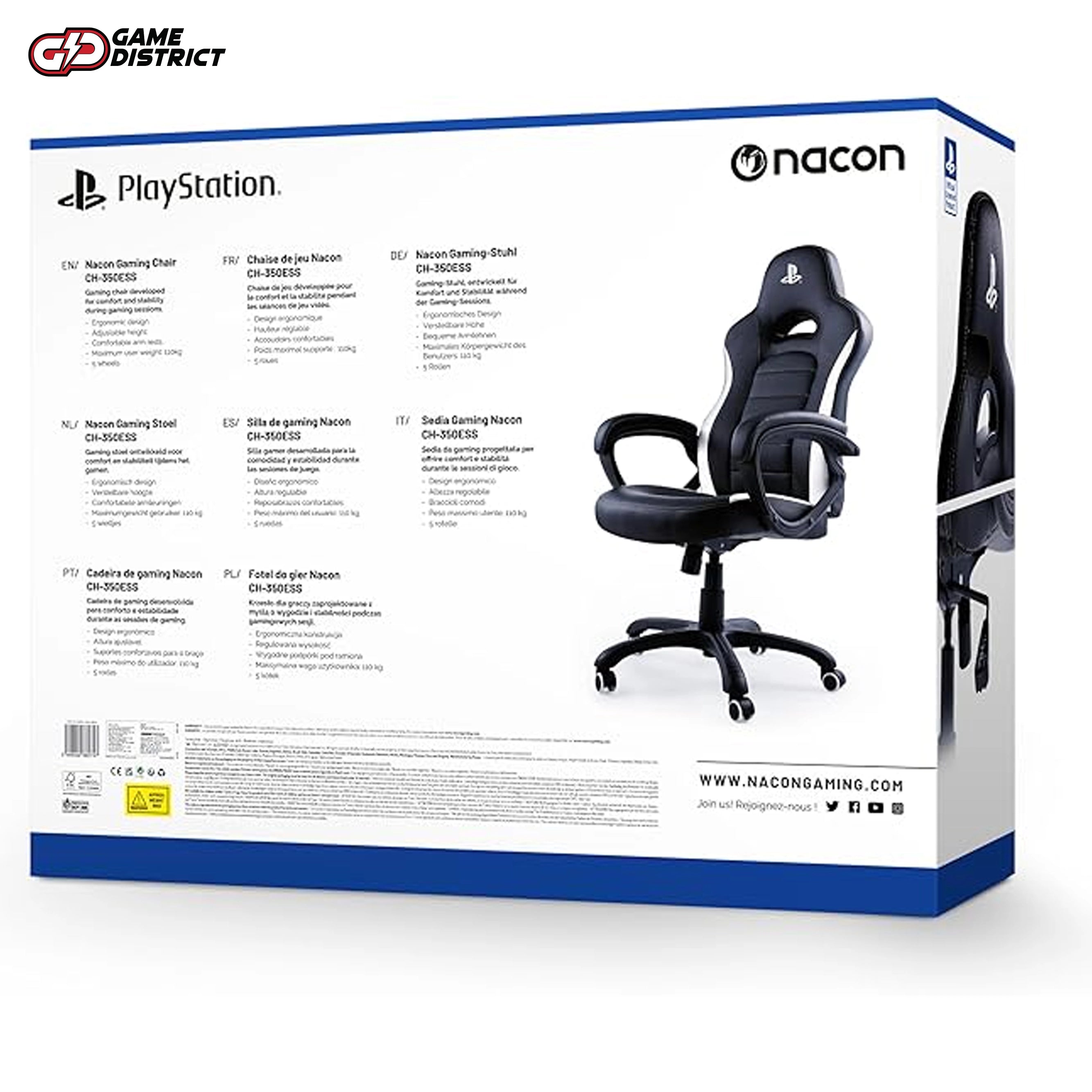 "NACON Gaming Chair Official PlayStation Edition in black and white, showcasing ergonomic design."
"Side view of the NACON PlayStation gaming chair with adjustable height and comfortable armrests."
"Top-down view of the black and white NACON chair, highlighting its sturdy build and sleek finish."
"Close-up of the chair’s PlayStation branding and smooth-rolling wheels."
