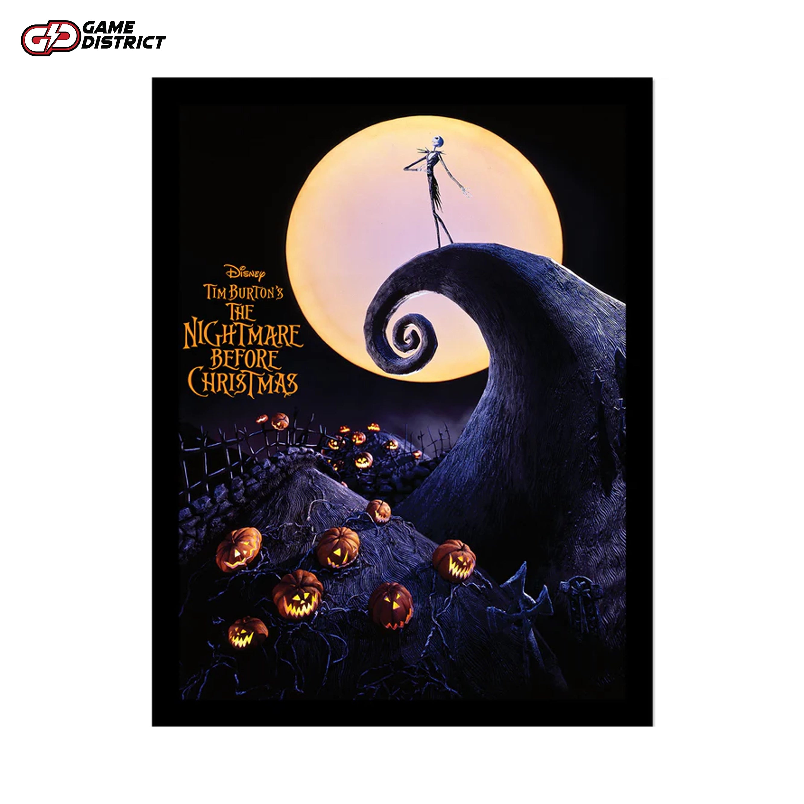 Nightmare Before Christmas (Poster Art) Framed Collector Print – A high-quality, professionally framed artwork featuring Jack Skellington, Sally, and the iconic imagery of Halloween Town.