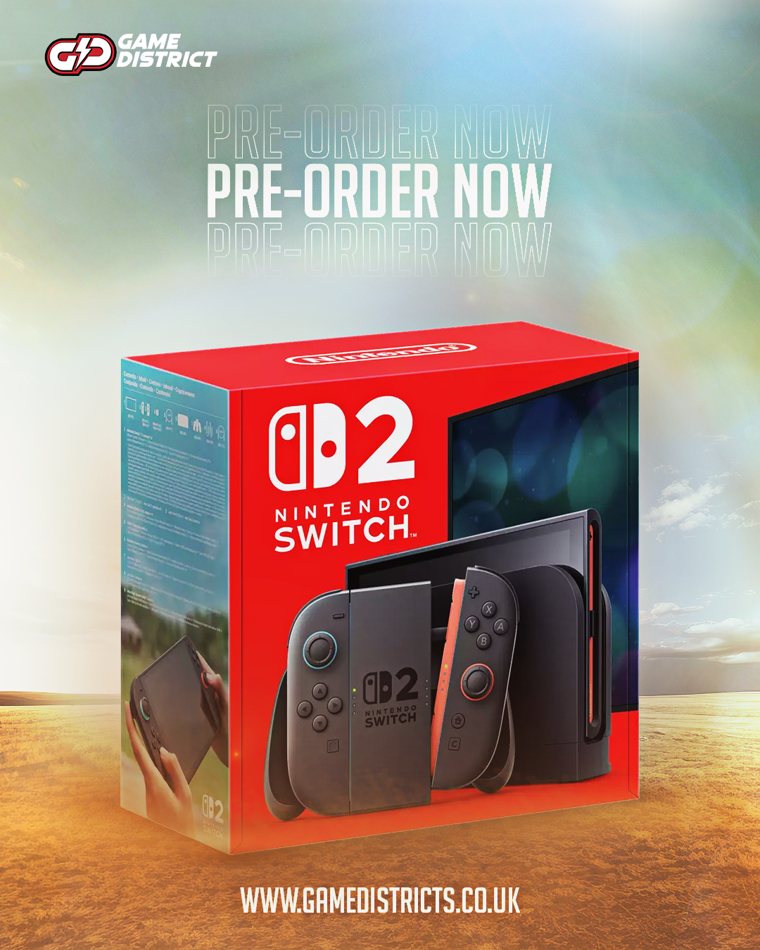 Front view of the Nintendo Switch 2 console with Joy-Con controllers – available for pre-order

Nintendo Switch 2 retail box packaging – June 2025 release

Nintendo Switch 2 accessories included: dock, Joy-Cons, HDMI cable, charger

Nintendo Switch 2 gameplay screenshot showcasing upgraded graphics and new titles

