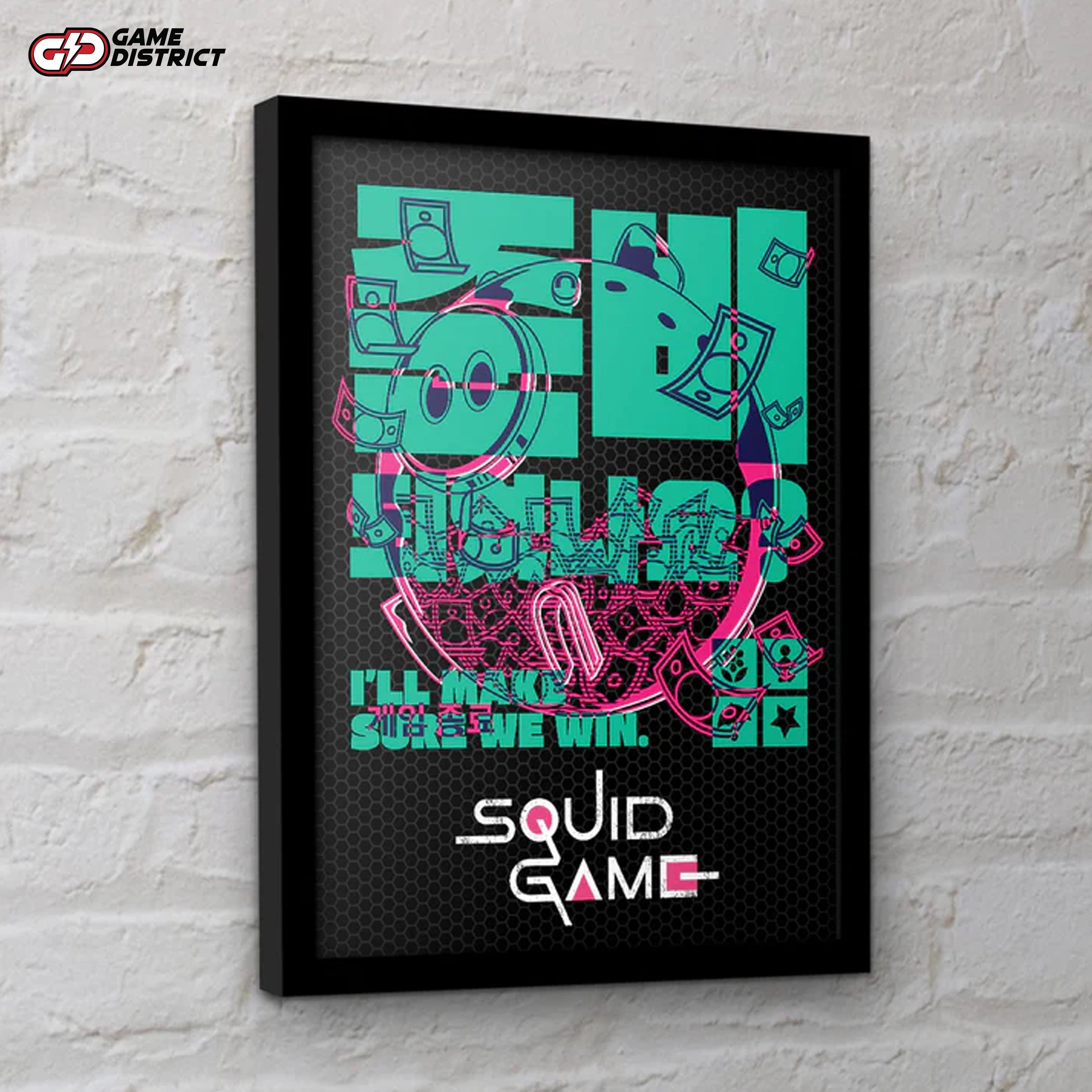 "Framed collector print featuring the iconic 'Make Sure We Win' moment from Squid Game 2."
"Close-up of the framed 'Make Sure We Win' artwork from Squid Game 2, highlighting the premium finish."
"High-quality framed Squid Game 2 print displayed in a modern living room setting."
"Display-ready Squid Game 2 'Make Sure We Win' collector print, perfect for fans and collectors."
