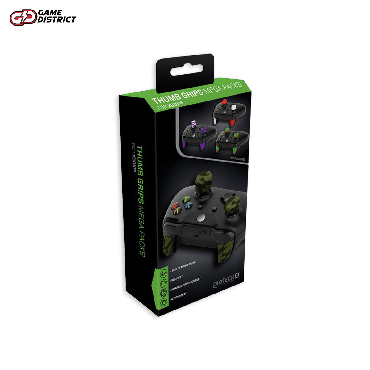 Close-up of Gioteck Thumb Pack XB1 analog stick covers for Xbox One controller

Gioteck thumb grips installed on Xbox One controller

Full set of Gioteck thumbstick covers laid out in packaging

Top view of textured thumb grips for Xbox One gaming precision

Side view showing height and grip design of Gioteck thumb grips

Gaming setup with Xbox One controller using Gioteck Thumb Pack grips

Hands gripping Xbox One controller with Gioteck thumbstick covers installed