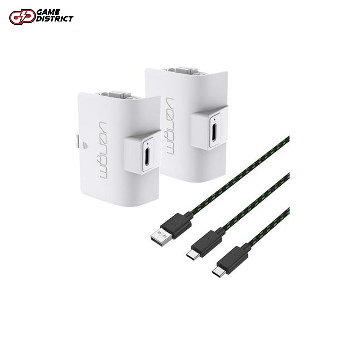 Venom white rechargeable battery pack for Xbox Series X/S close-up

Back view of Xbox Series controller with Venom battery installed

Venom battery pack charging via USB-C cable

Packaging of Venom white battery pack for Xbox Series X/S

Venom battery alongside Xbox Series S controller on desk
